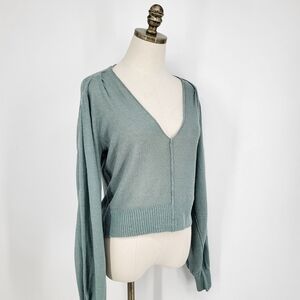 Free People Linen Blend Knit Sweater Puff Sleeve V Neck Blue Small